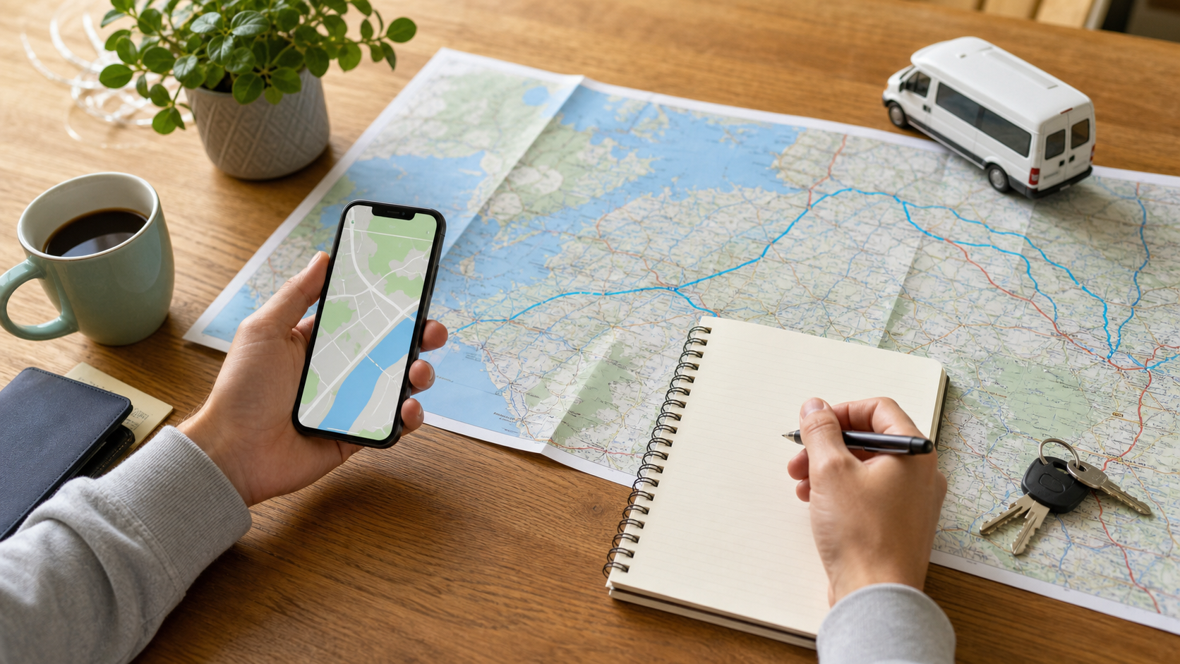 Planowanie trasy busem z mapą i telefonem