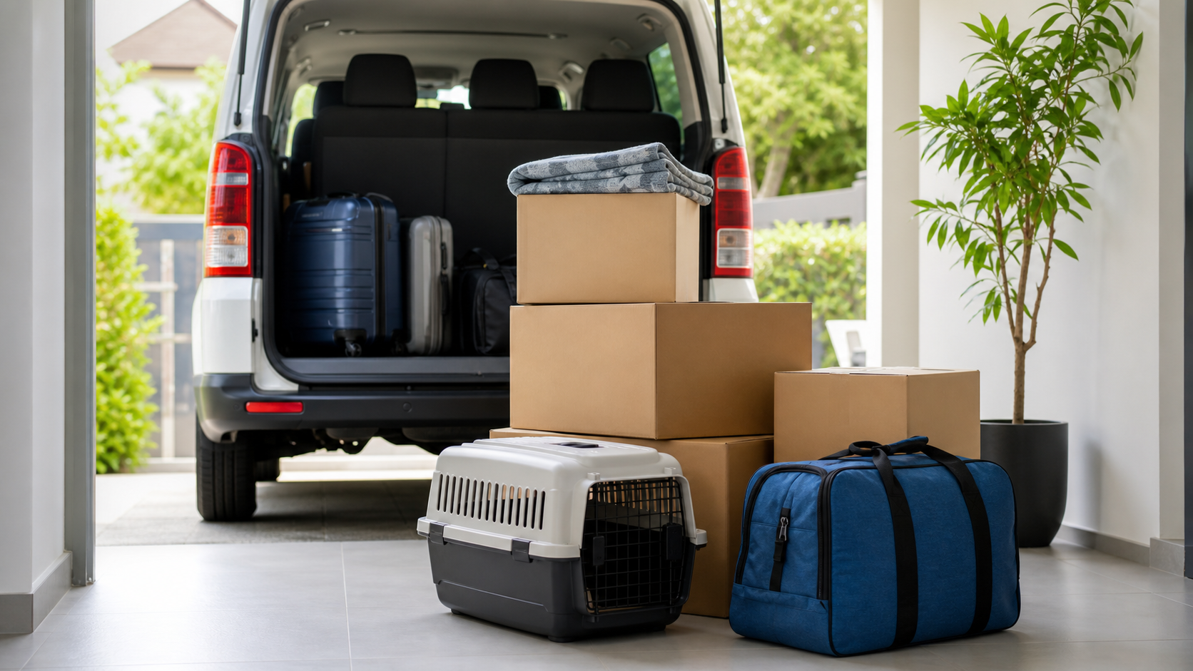 Kartony, torba i transporter przygotowane do przejazdu